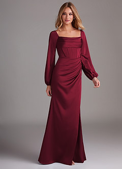 Azazie Charissa Bridesmaid Dresses Burgundy Sheath Long Sleeve Stretch Satin Dress image6