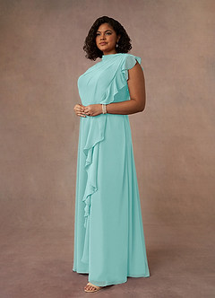 Azazie Narine Mother of the Bride Dresses Aqua A-Line High Neckline Pleated Chiffon Dress image10