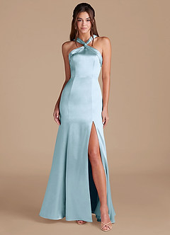 Azazie Rue Bridesmaid Dresses Sky Blue Sheath Pleated Metallic Satin Dress image1