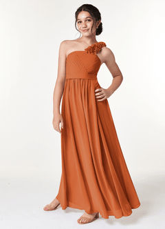 Azazie Flower Junior Robe Trapèze en Mousseline de soie Plissée Cannelle image5