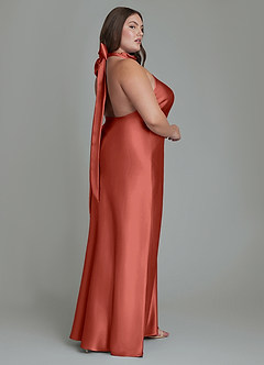 Azazie Velli Bridesmaid Dresses Terracotta Sheath High Neck Metallic Satin Dress image8