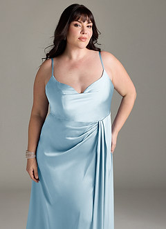Azazie Brielle Bridesmaid Dresses Sky Blue A-Line Cowl Spaghetti Straps Stretch Satin Dress image11