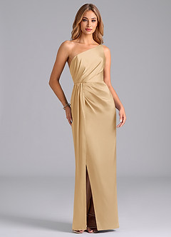 Azazie Naria Bridesmaid Dresses Gold Sheath One Shoulder Stretch Satin Dress image5
