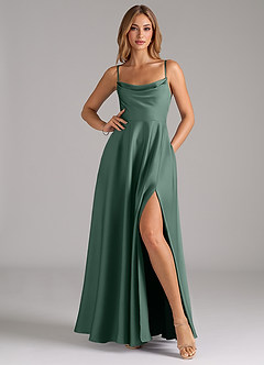 Azazie Elle Bridesmaid Dresses Eucalyptus A-Line Pleated Stretch Satin Dress image3