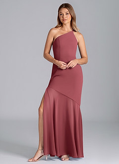 Azazie Tilla 신부 들러리 드레스 인어 한쪽 어깨 쉬폰 바닥 길이 드레스 image1