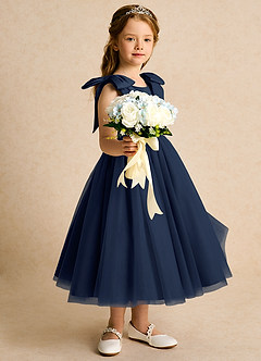 Azazie Serene Abiti da Ragazza di Fiori Abito Principessa in Raso Opaco Fiocco Marino Scuro image5