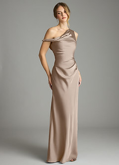 Azazie Emerson Bridesmaid Dresses Taupe Mermaid Off the Shoulder Stretch Satin Dress image9