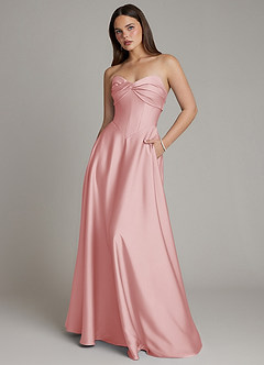 Azazie Meleena At-home Try On Dresses Dark Green A-Line Strapless Stretch Satin Dress image1