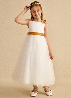 Azazie Lilli Robe Demoiselle D'honneur Fillette Robe Trapèze en Tulle Arc Ivoire Caramel Au Beurre image5