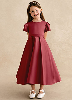 Azazie Princess Flower Girl Dresses Pomegranate A-Line Pleated Matte Satin Dress image6
