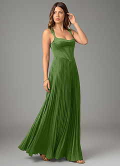 Azazie Avenelle At-home Try On Dresses Dark Green A-Line Corset Stretch Satin Dress image5