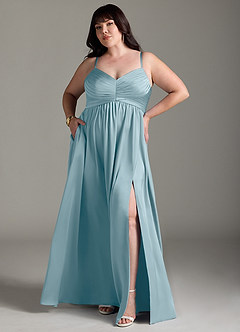 Azazie Alia Bridesmaid Dresses Moody Blue A-Line Pleated Stretch Satin Dress image8