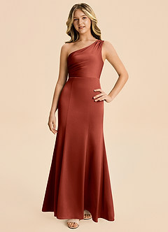Azazie Ren Junior Robe Trapèze en Satin extensible Plissé Terracotta image4