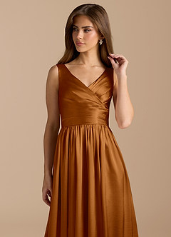 Azazie Keyla Bridesmaid Dresses Copper A-Line Pleated Metallic Satin Dress image8