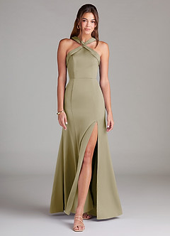 Azazie Rue Bridesmaid Dresses Moss Green A-Line Pleated Stretch Satin Dress image3