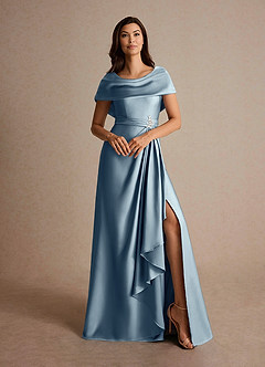 Azazie Branford Mother of the Bride Dresses Dusty Blue A-Line Pleated Stretch Satin Dress image7