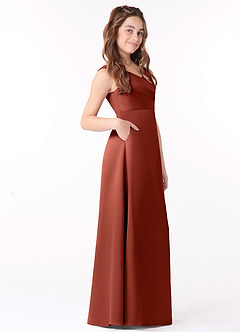 Azazie Sadia Junior Terracotta A-Line Pleated Stretch Satin Dress image2