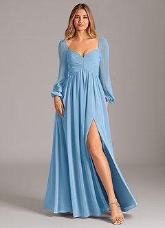 Azazie Bailee Brautjungfernkleider A-Linie Langarm Chiffon Kleid Stahlblau image1