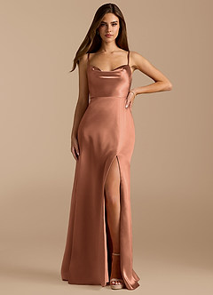 Azazie Erma At-home Try On Dresses Bronzer A-Line Side Slit Metallic Satin Dress image1