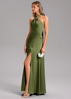 Azazie Tracie Bridesmaid Dresses Olive A-Line Side Slit Stretch Satin Dress image6