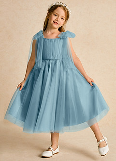 Azazie Dori Robe Demoiselle D'honneur Fillette Robe Trapèze en Tulle Rayé Bleu Maussade image4