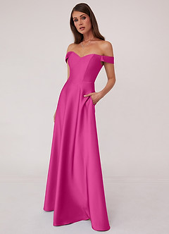 Barbie ♥ Azazie Bridesmaid Dresses Fuchsia A-Line Off the Shoulder Stretch Satin Convertible Dress image4