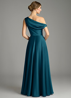 Azazie Xanthe Bridesmaid Dresses Ink Blue A-Line Off the Shoulder Stretch Satin Dress image2