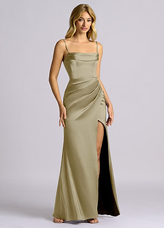 Azazie Auden Bridesmaid Dresses Moss Green Sheath Off the Shoulder Stretch Satin Convertible Dress image3