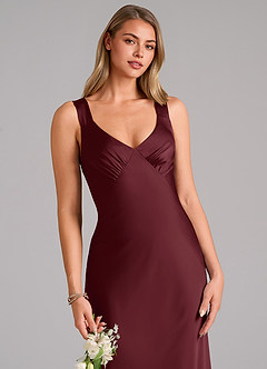 Azazie Kamila Bridesmaid Dresses Cabernet A-Line Pleated Stretch Satin Dress image7