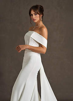 Azazie Grace Wedding Dresses Diamond White Mermaid Off the Shoulder Crepe Back Satin Dress image2