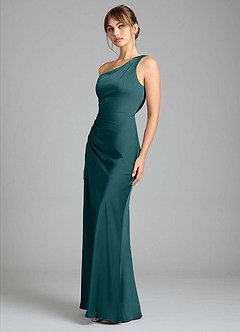 Azazie Madelyn Bridesmaid Dresses Pine Mermaid One Shoulder Stretch Satin Convertible Dress image6