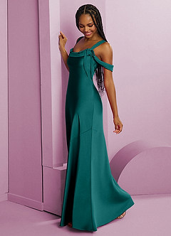 Barbie ♥ Azazie Bridesmaid Dresses Peacock Sheath Pleated Stretch Satin Dress image11
