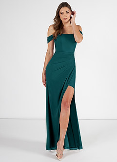 Azazie Kit Bridesmaid Dresses Peacock Mermaid Off the Shoulder Mesh Dress image1