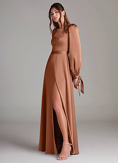 Azazie Leonia Bridesmaid Dresses Bronzer A-Line Long Sleeve Stretch Satin Dress image5