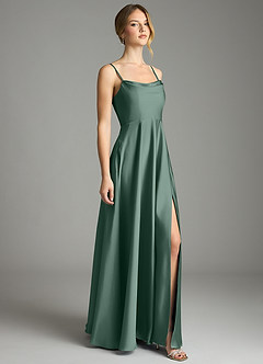 Azazie Elle Vestidos de damas de honor Vestido de Eucalipto de Satén Elástico de Corte en A con Plisado image4