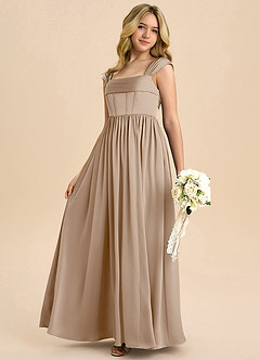 Azazie Hattie Junior Abito A-Line in Raso Elasticizzato Plissettato Taupe image6