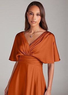 Azazie Pamela Vestidos de damas de honor Vestido de Naranja Quemada de Satén Elástico de Corte en A con Plisado image5