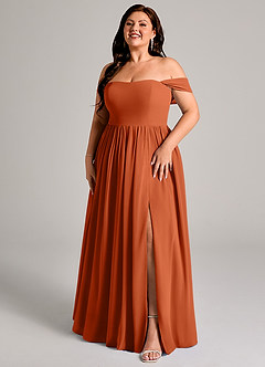 Azazie Calianna Vestidos de madrinha de casamento Vestido Laranja Queimada de Chiffon de Linha A com Fora do ombro image12