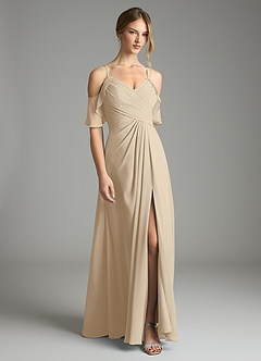 Azazie Dakota Vestidos de damas de honor Vestido de Champán de Gasa de Corte en A con Cuello en V plisado image3