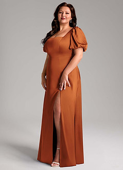 Azazie Fyona Bridesmaid Dresses Cinnamon A-Line Pleated Stretch Satin Dress image10