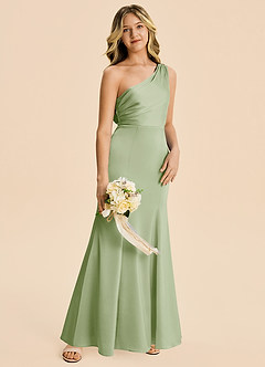 Azazie Ren Junior Dusty Sage A-Line Pleated Stretch Satin Dress image3
