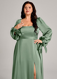 Azazie Leonia Abiti da Damigella Abito A-Line in Raso Elasticizzato Manica Lunga Matcha image9