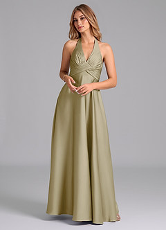 Azazie Tessie Vestidos de damas de honor Vestido de Musgo Verde de Satén Elástico de Corte en A con Plisado image1