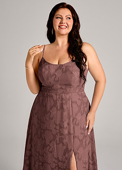 Azazie Moira Bridesmaid Dresses Espresso A-Line Side Slit Floral Burnout Dress image12