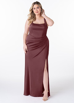 Azazie Mero Vestidos de damas de honor Vestido de Sangrado de Satén Elástico de Corte Recto con Plisado image6