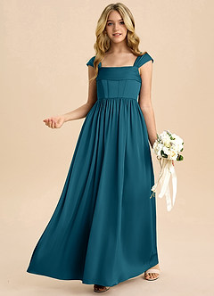 Azazie Hattie Junior Ink Blue A-Line Pleated Stretch Satin Dress image4