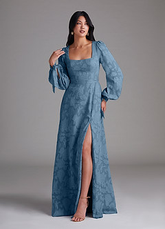 Azazie Leonia Bridesmaid Dresses Steel Blue A-Line Long Sleeve Floral Burnout Dress image4