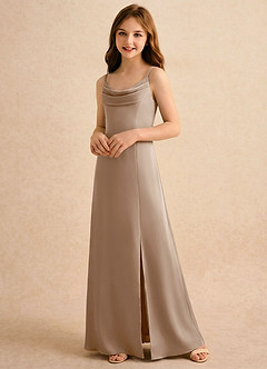 Azazie Shira Girls Formal Flower Girl Dresses Taupe A-Line Pleated Stretch Satin Dress image3