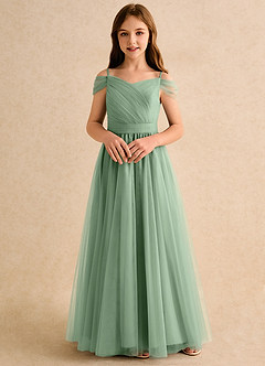 Azazie Yuna Girls Formal Flower Girl Dresses Matcha A-Line Off the Shoulder Tulle Dress image4
