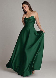 Azazie Meleena At-home Try On Dresses Dark Green A-Line Strapless Stretch Satin Dress image5